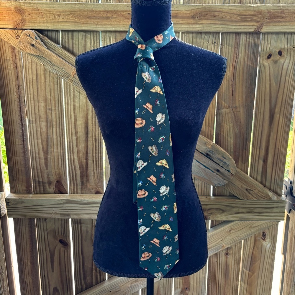 Alynn Neckwear Angler’s Hat Dark Green Silk Necktie Fishing Hat & Lure Design